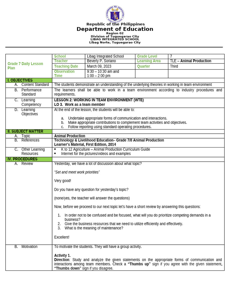Detailed Lesson Plan in WITE Set and Meet Work Priorities 03-09-23 ...