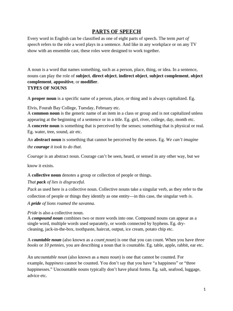 Parts of Speech - Nouns, Pronouns, Adjectives and Verbs | PDF | Verb ...
