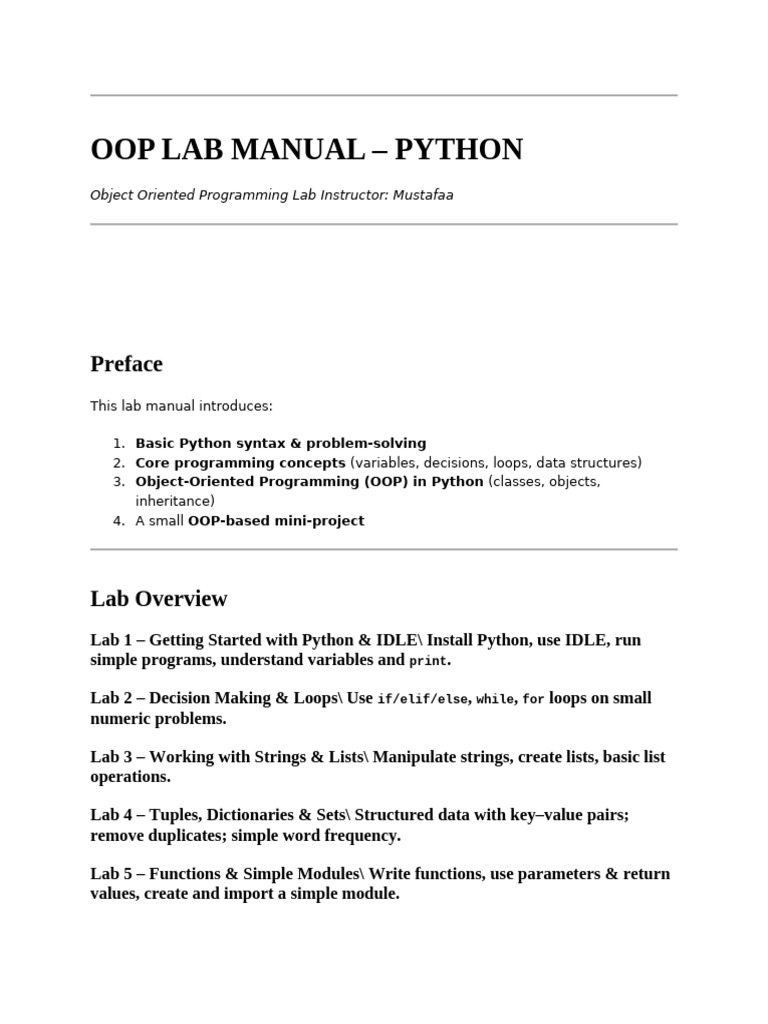 Oop Lab Manual | PDF | Object Oriented Programming | Python ...