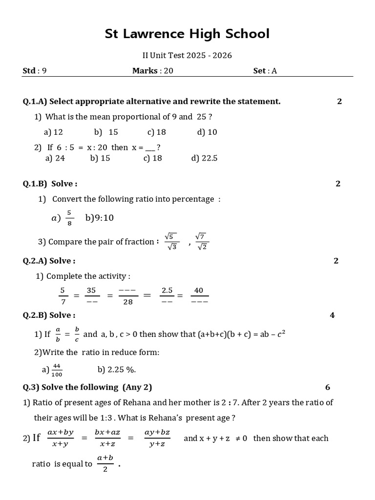 2 Unit STD 9 Algebra Set A | PDF | Ratio | Mathematics