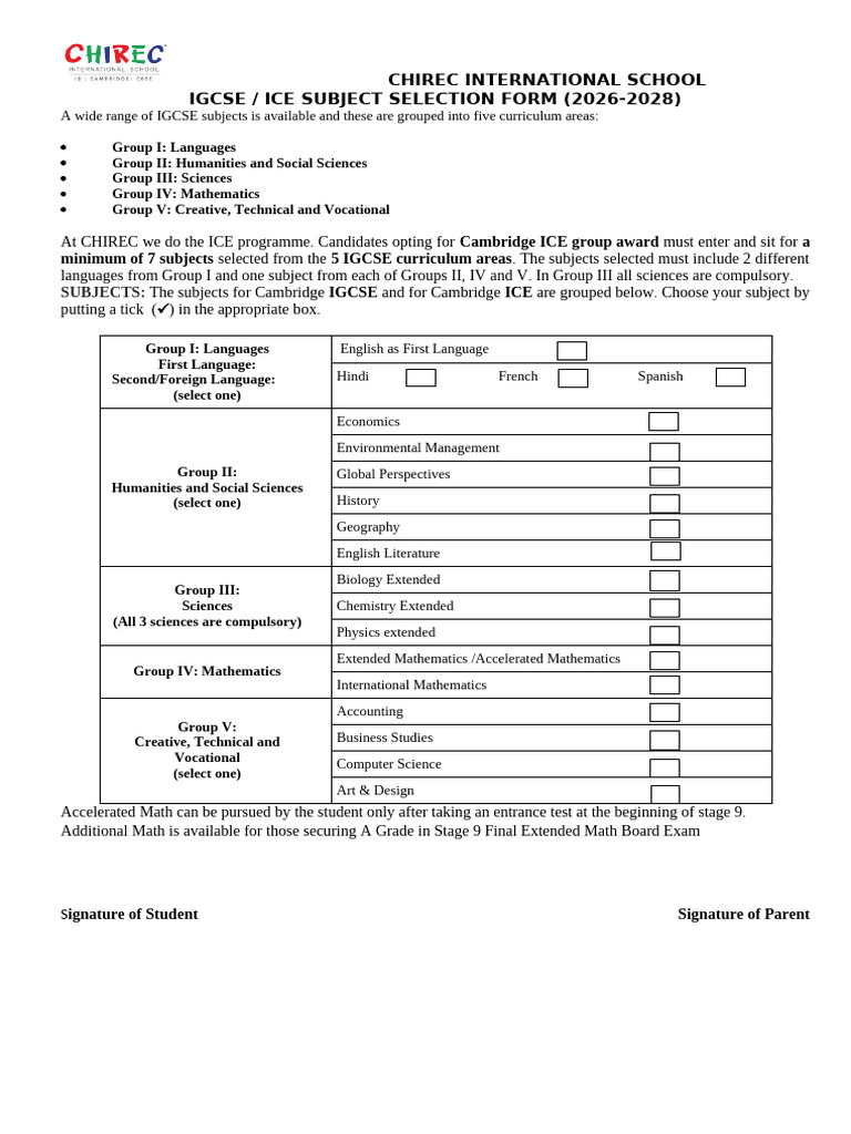 IGCSE Subject Choice Form | PDF | Educational Stages