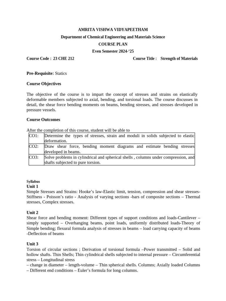 23 CHE 212 2025-26 Course Plan | PDF | Bending | Beam (Structure)