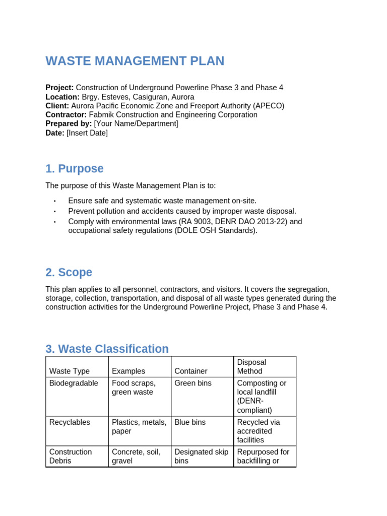 Waste Management Plan For APECO Project | PDF | Waste | Waste Management