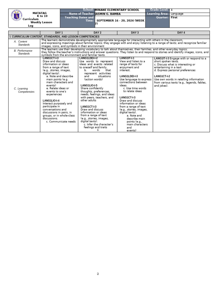 DLL Matatag - Language 1 - Q1 - W6 | PDF | Learning | Teachers
