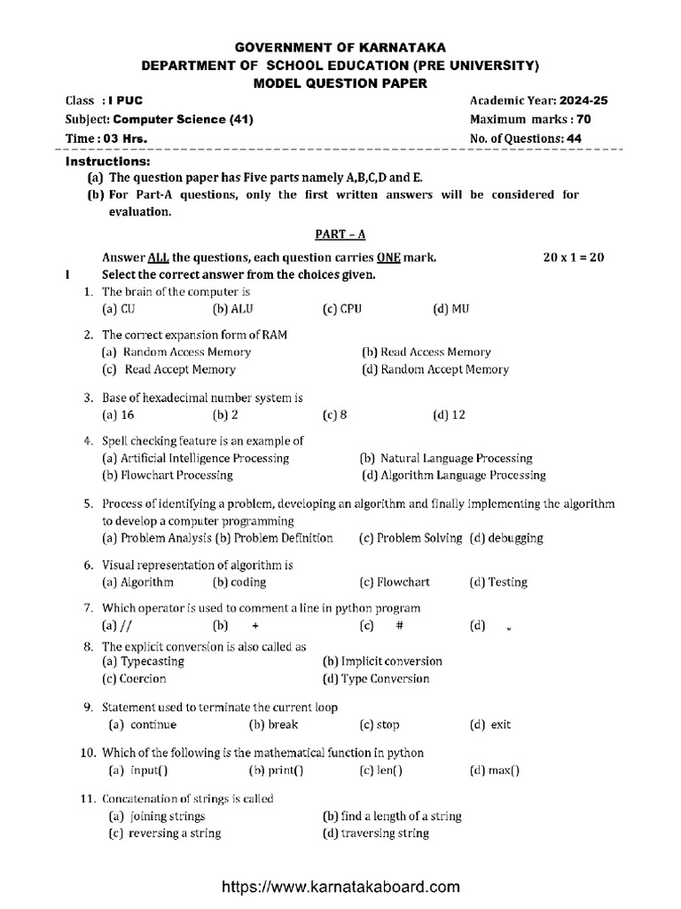 Puc 1 Model Paper Computer Science 41 2025 | PDF