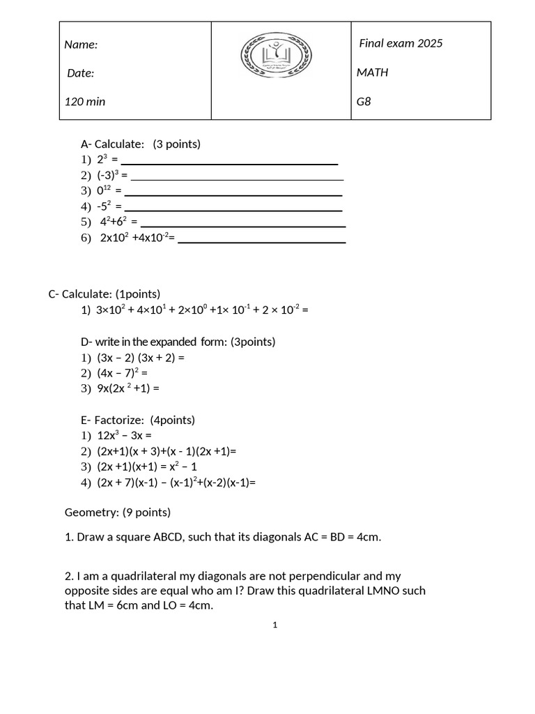 G8 Math Examen Final 2025 | PDF