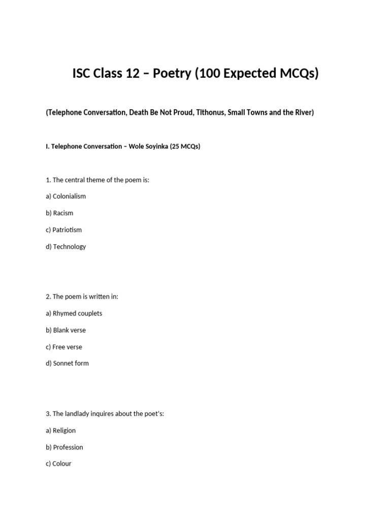 ISC Class 12 Poetry 100 MCQ | PDF | Poetry