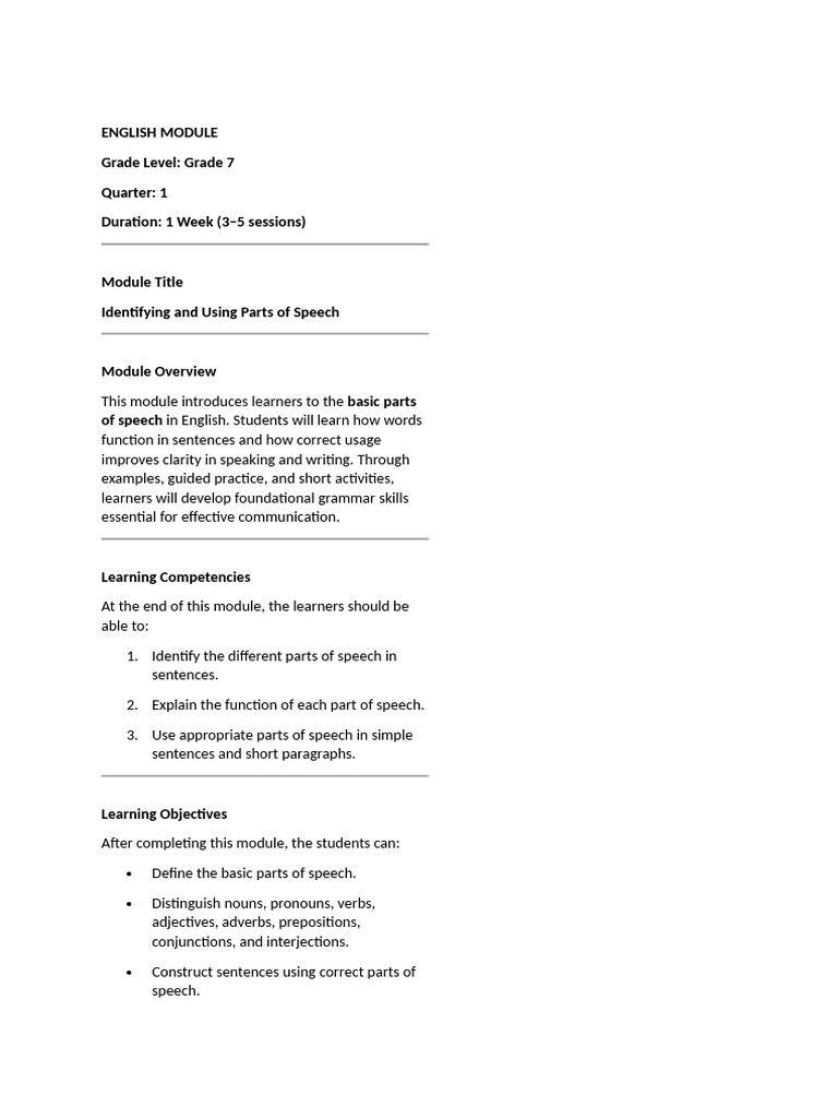 Grade 9 English Module | PDF | Part Of Speech | Adverb