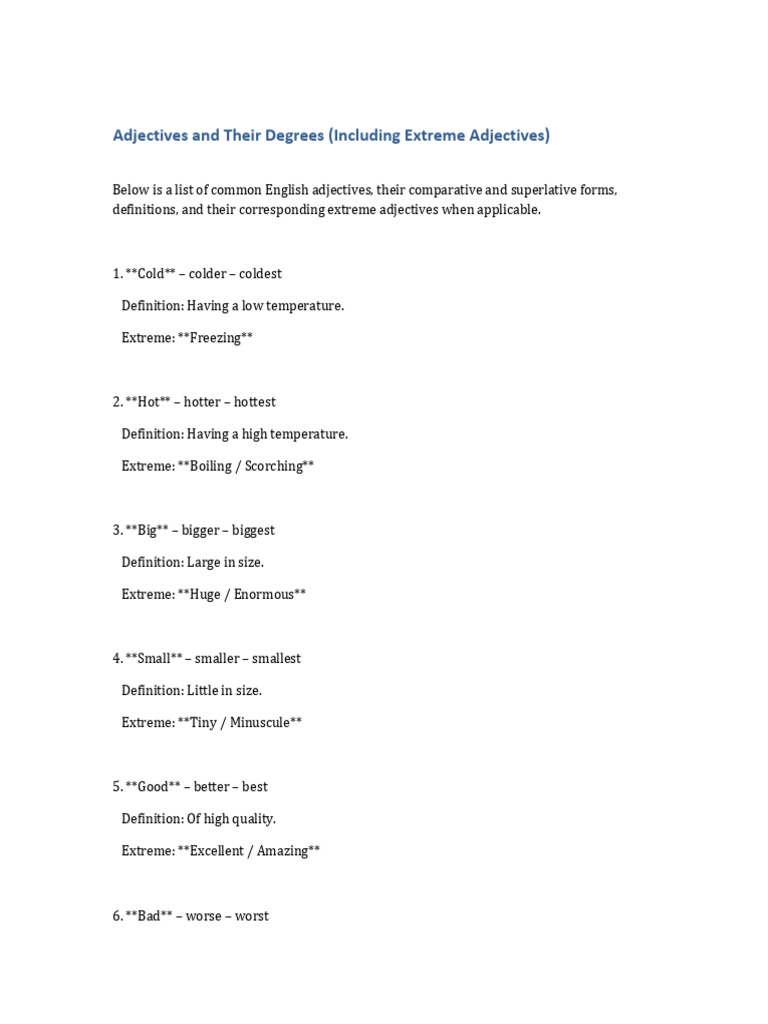 Adjectives Degrees Extreme | PDF