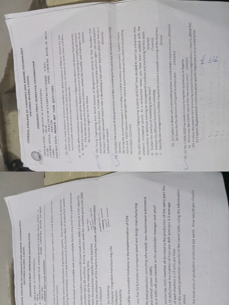 First Semester Past Questions ND2 | PDF