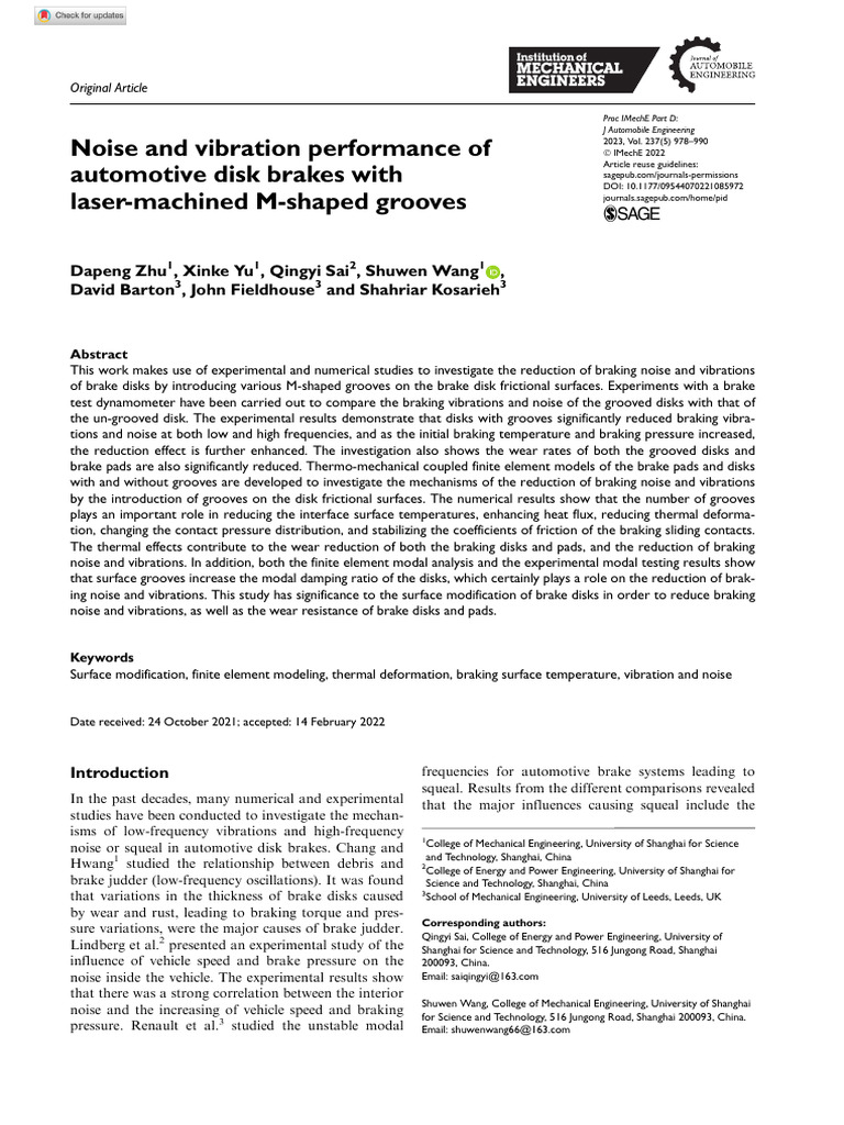 Zhu Et Al 2022 Noise and Vibration Performance of Automotive Disk ...