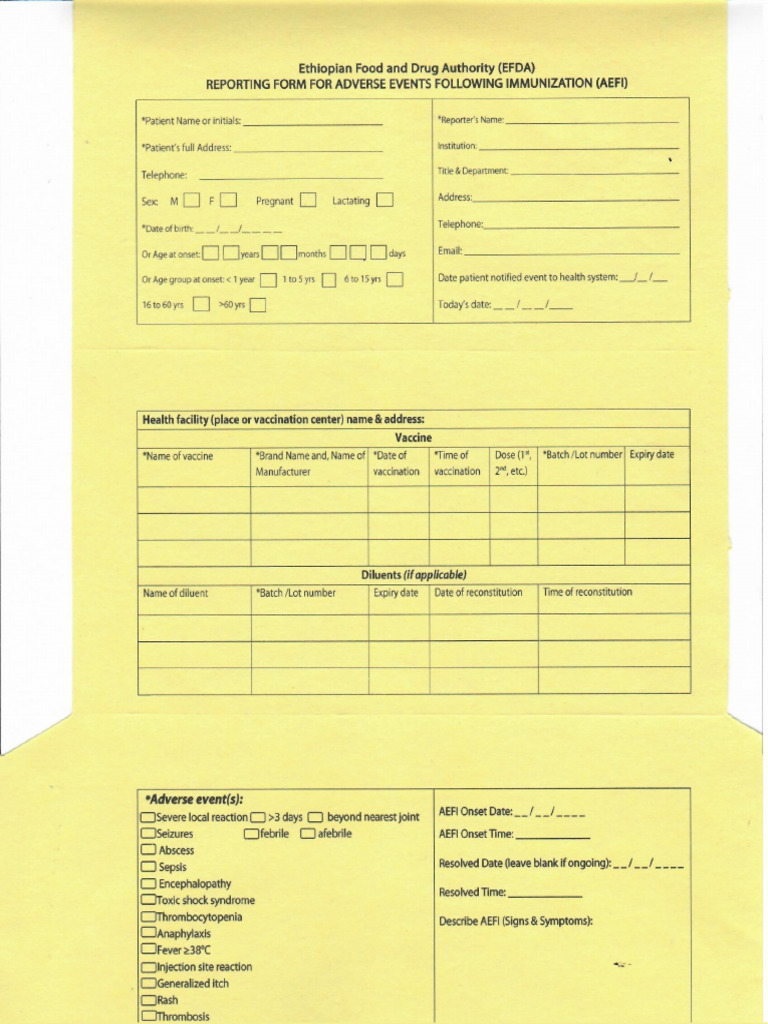 AEFI Standard Reporting Form Ethiopia | PDF