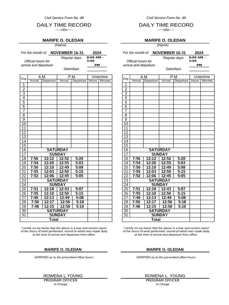 November 16-31 DTR (Daily Time Record) | PDF