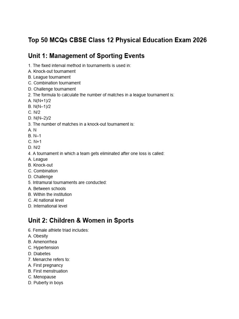 PDF Top 50 MCQs CBSE Class 12 Physical Education Exam 2026 ...