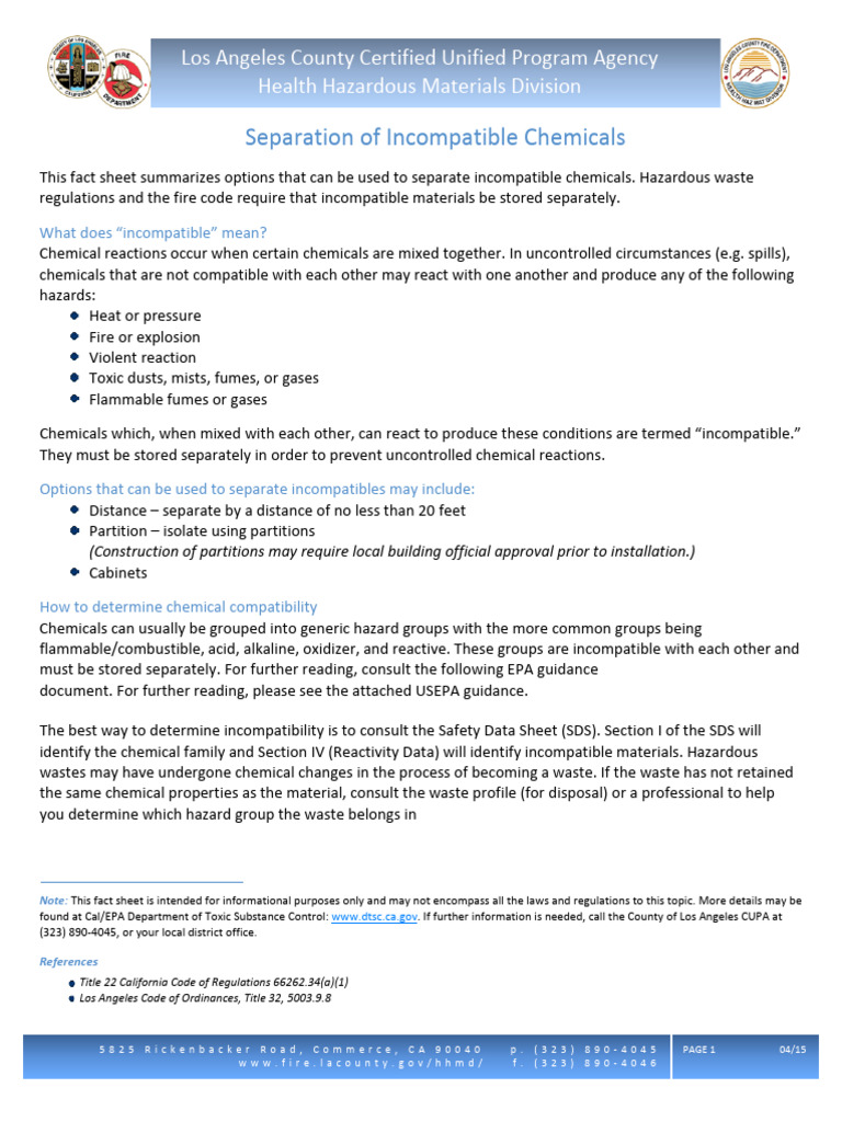 HHMD Fact Sheet Separation of Incompatible Chemicals | PDF | Waste ...