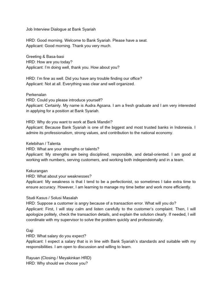 Job Interview Dialogue at Bank Syariah | PDF | Social Psychology