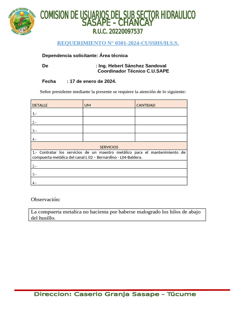 REQUERIMIENTO 0301 Mantenimiento Compuerta Canal Baldera | PDF