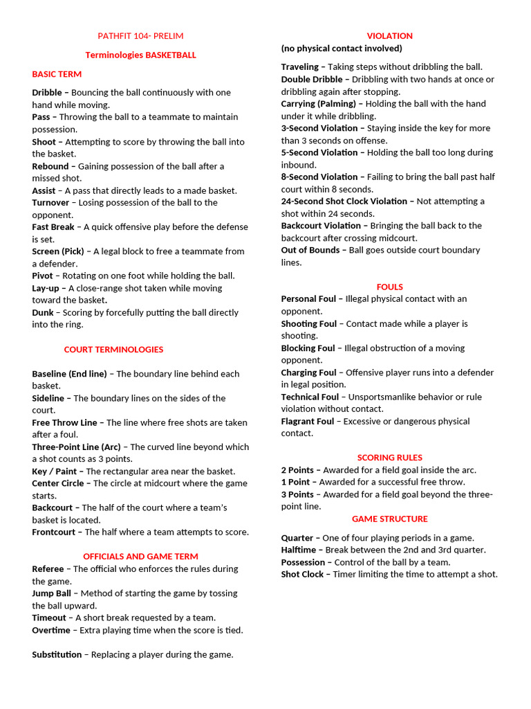 Basketball Terminologies | PDF | Indoor Sports | Athletic Sports