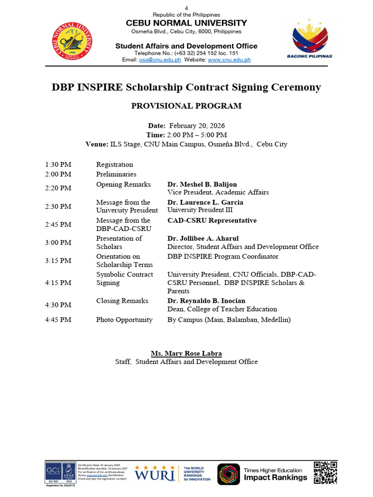 Provisional Program DBP Inspire Scholarship Contract Signing | PDF