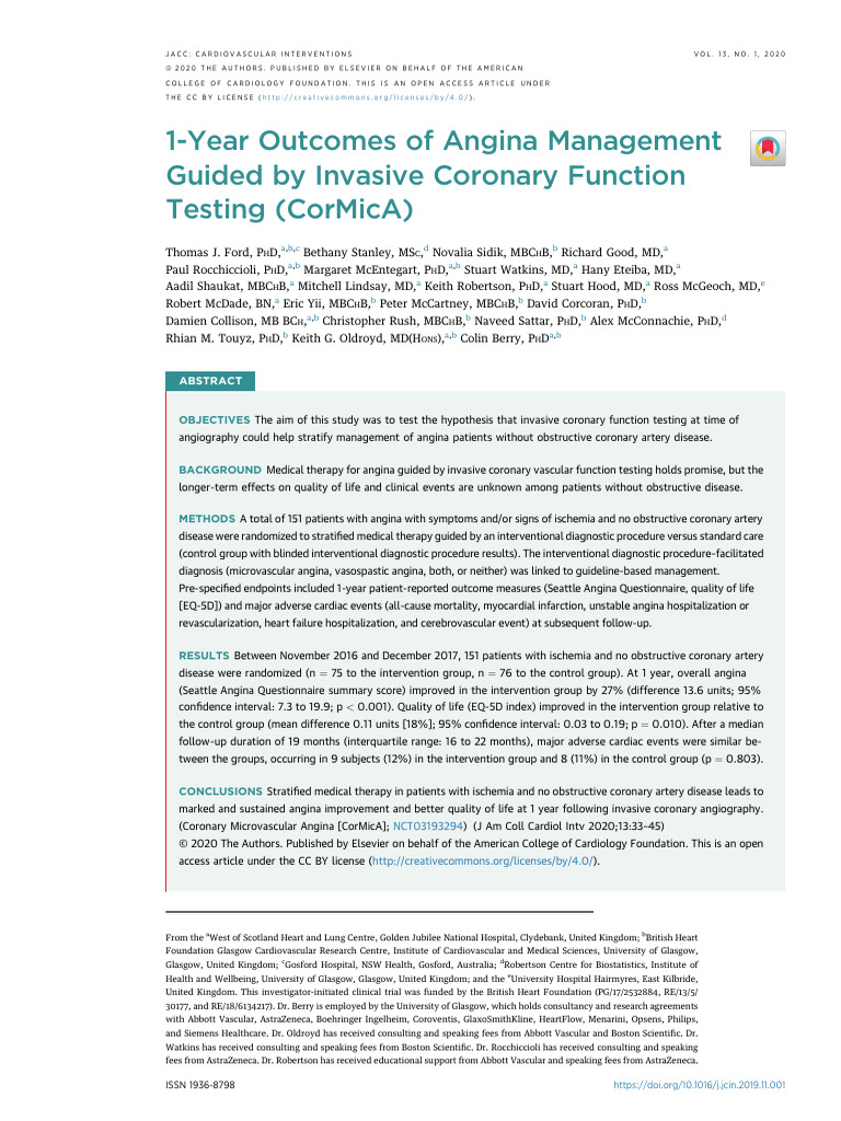 Ford Et Al 2019 1 Year Outcomes of Angina Management Guided by Invasive ...