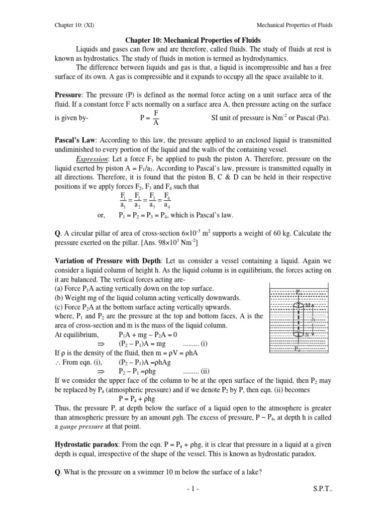 XI, C-10, Mechanical Properties of Fluids | PDF | Pressure | Fluid Dynamics
