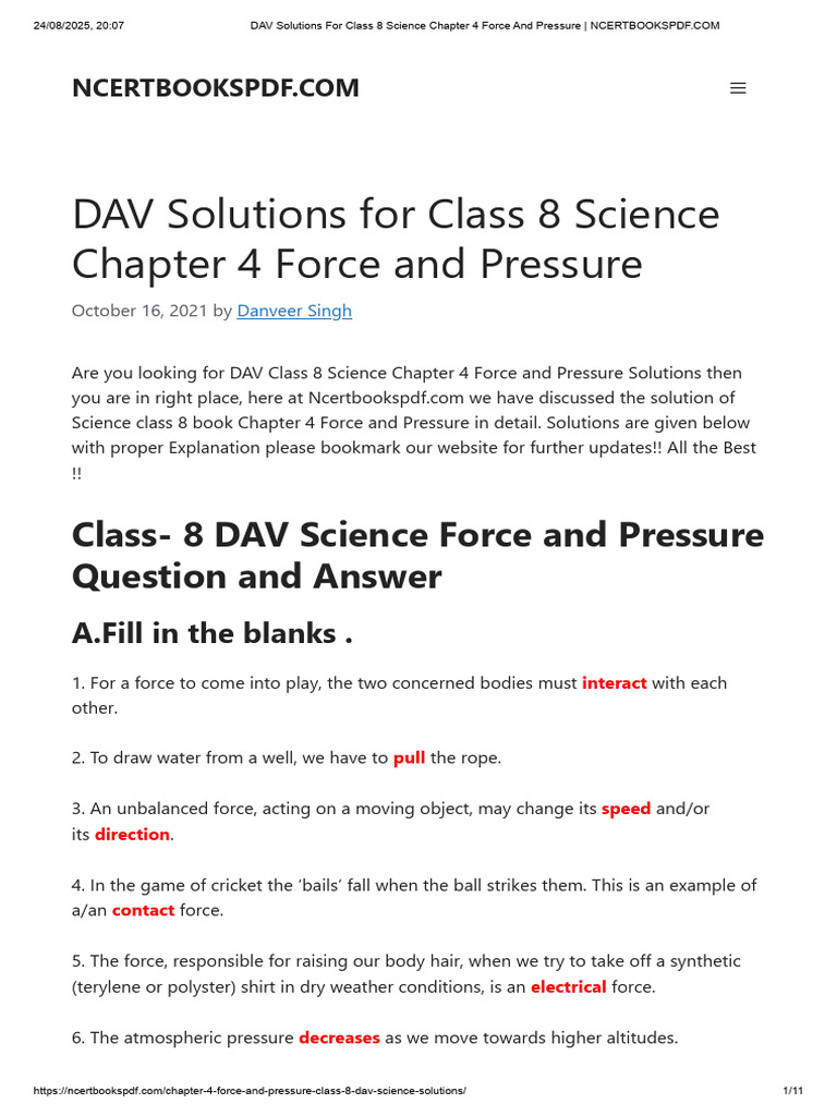 DAV Solutions For Class 8 Science Chapter 4 Force and Pressure | PDF ...