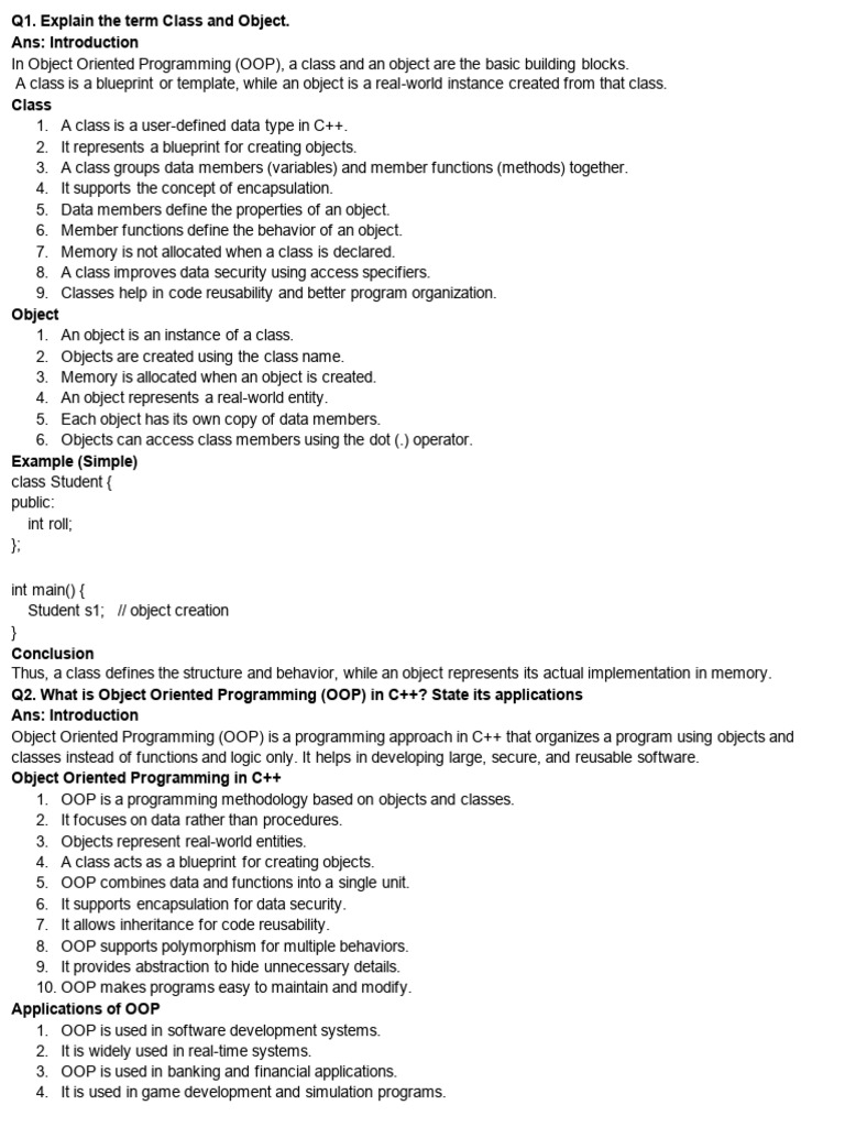 Oops in C++ (Sem 2 Exam Question and Answers) | PDF | Pointer (Computer ...