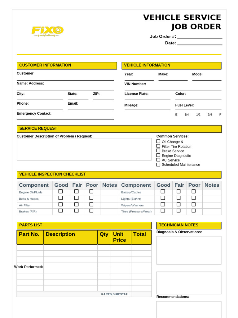 FiXO Automotive Service Job Order Form | PDF