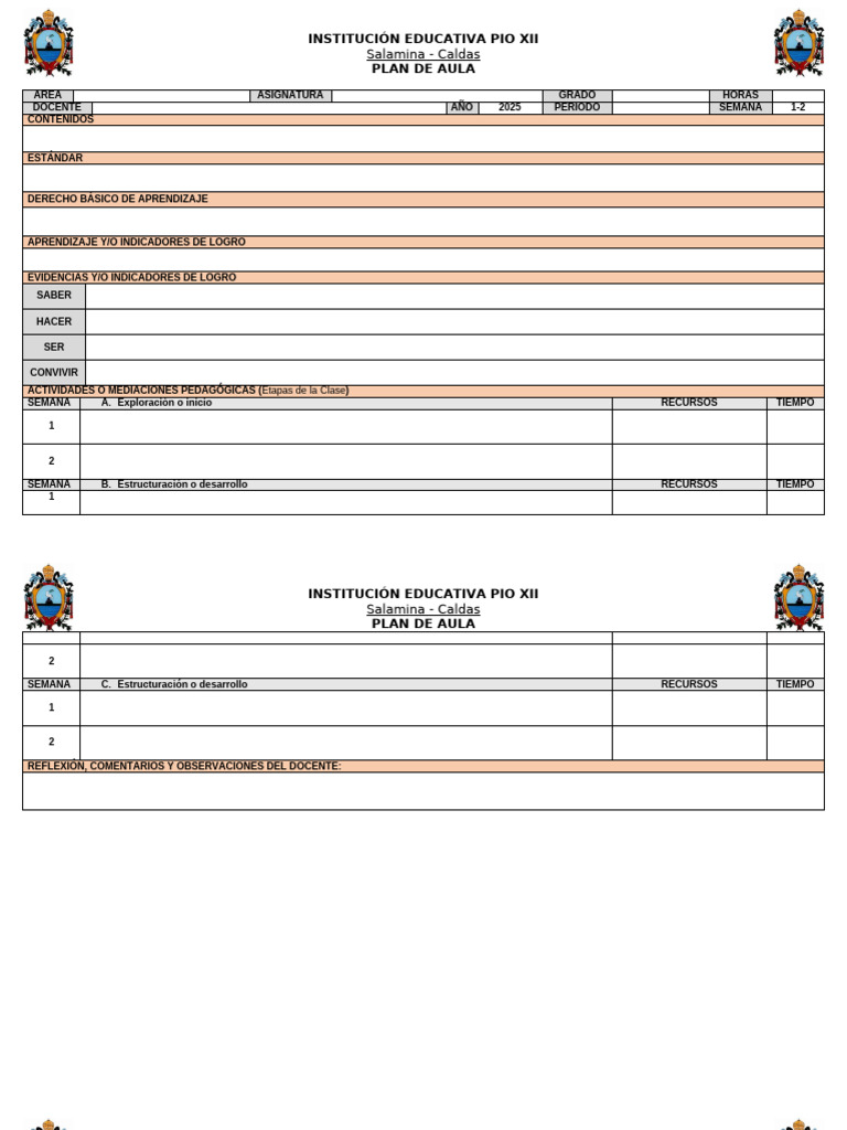 Formato Plan de Aula 2026 | PDF | Salón de clases | Maestros