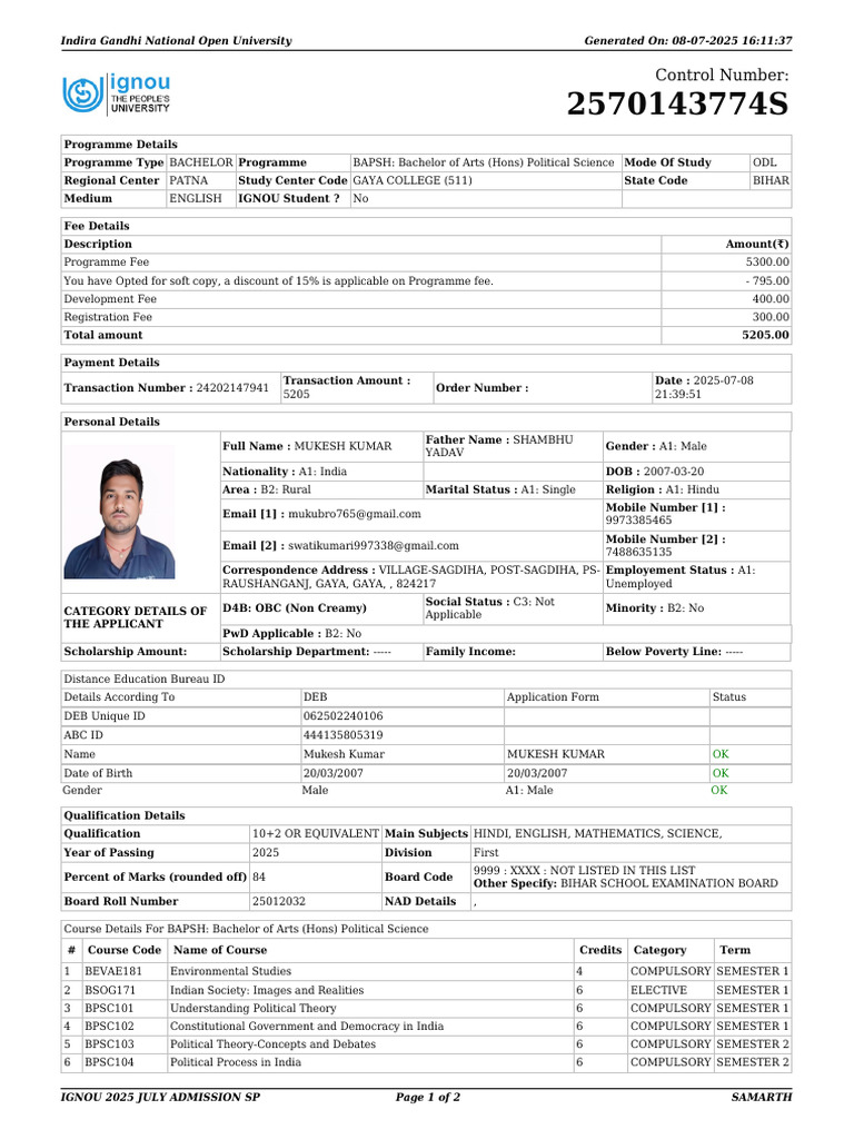 Ignou Applicaion Form Mukesh | PDF