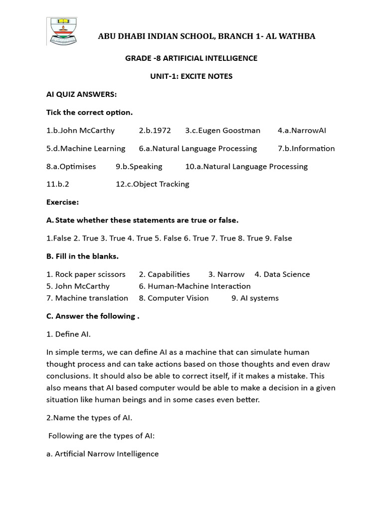 Grade 8 Ai Unit-1 Notes | PDF | Artificial Intelligence | Intelligence ...