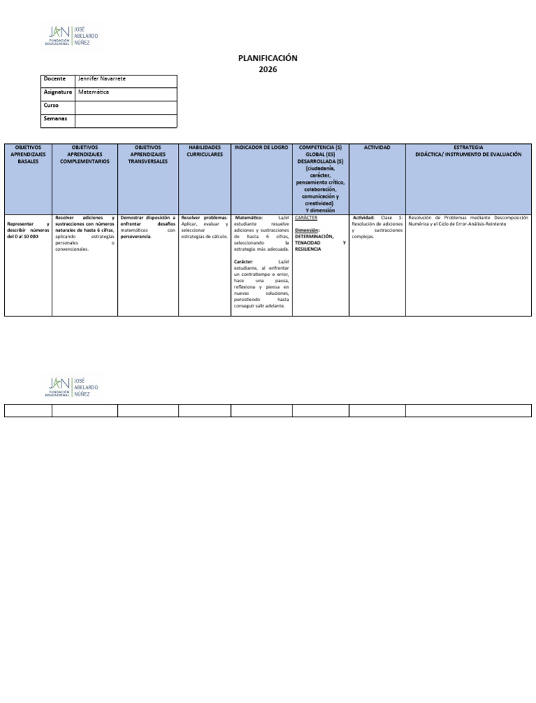 Formato Planificación 2026 Jan 5° | PDF | Plan de estudios | Aprendizaje