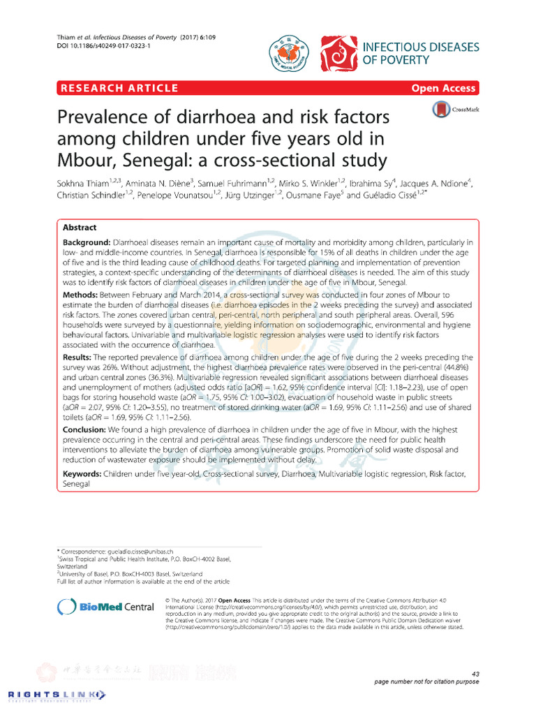 Thiam Et Al 2017 Prevalence of Diarrhoea and Risk Factors Among ...