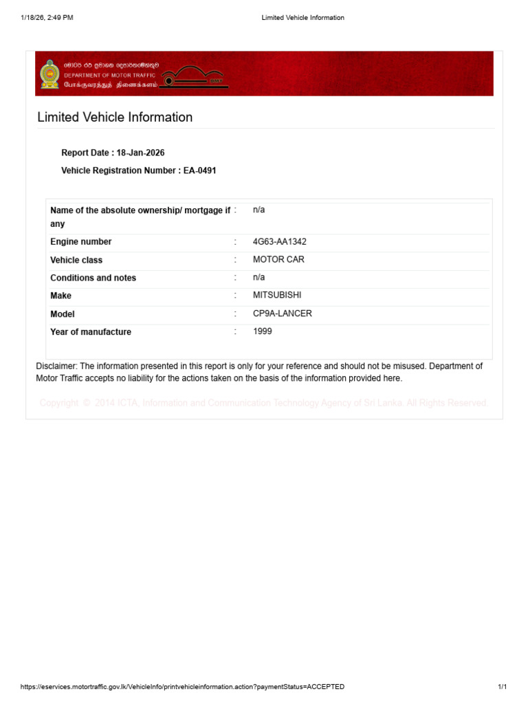 Limited Vehicle Information: Report Date: 18-Jan-2026 Vehicle ...