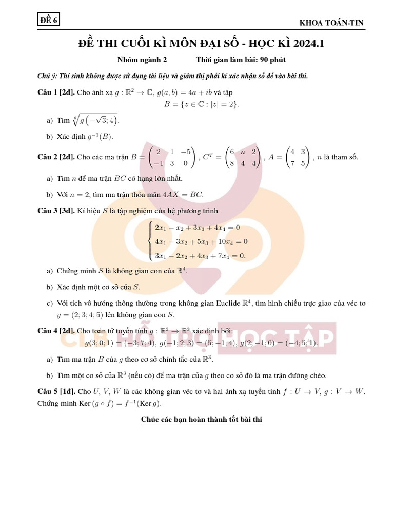 Đề và lời giải chi tiết - Đại số - NN2 - Cuối kỳ 2024.1 | PDF