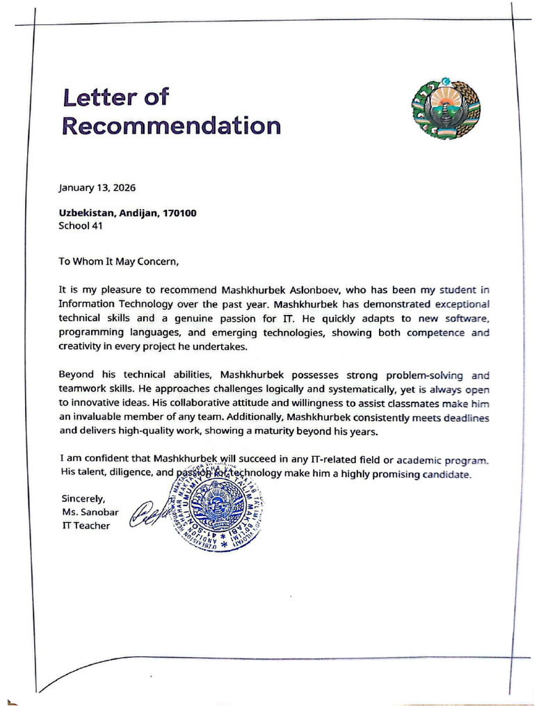 Aslonboev Recommendation Letter.pdf | PDF