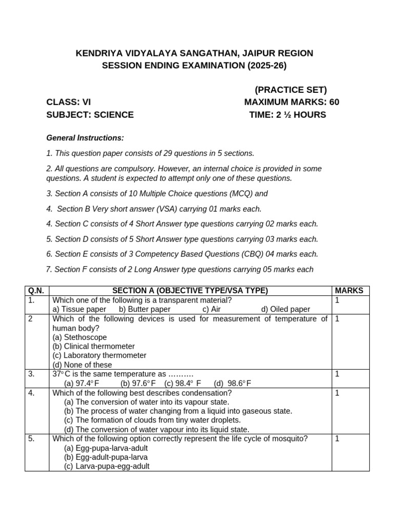 Sample Paper Class III To Viii 2025-26 - Class Vi - Science - 6 Science ...