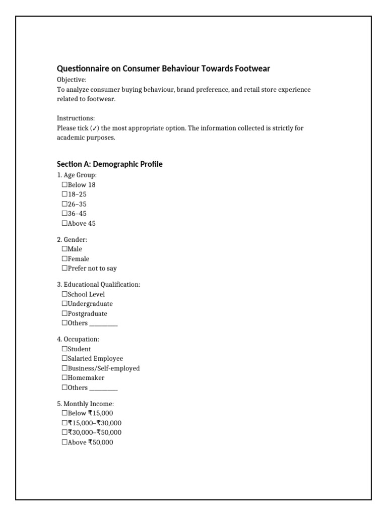 Consumer Behaviour Towards Footwear Questionnaire Vertical Options ...