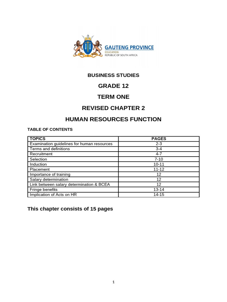 Revised Business Studies Grade 12 Notes On Human Resources Function ...