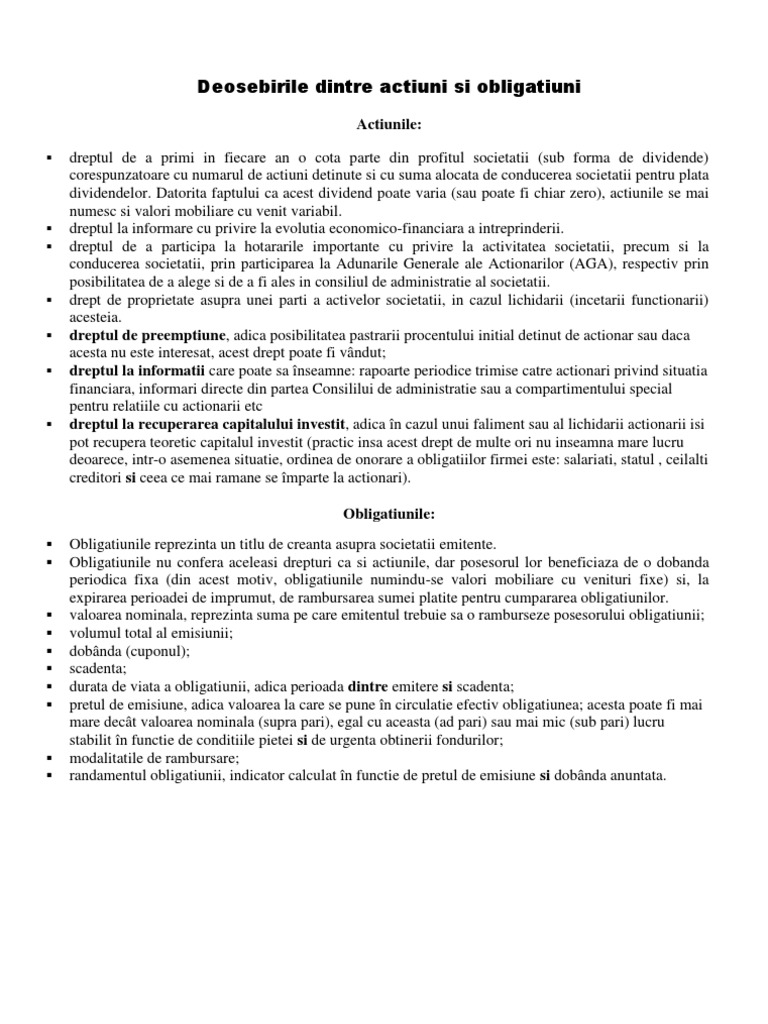 Deosebirile Dintre Actiuni Si Obligatiuni