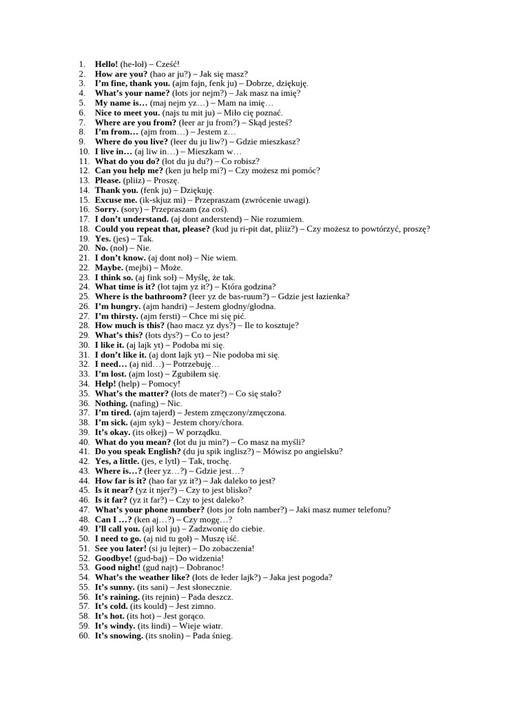 100 Najważniejszych Fraz W J. Angielskim - PODSTAWY | PDF