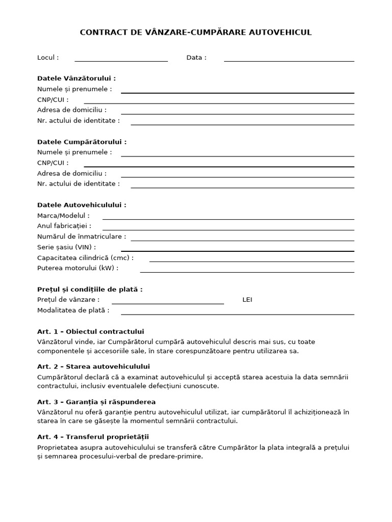 Contract Vanzare Cumparare Auto | PDF