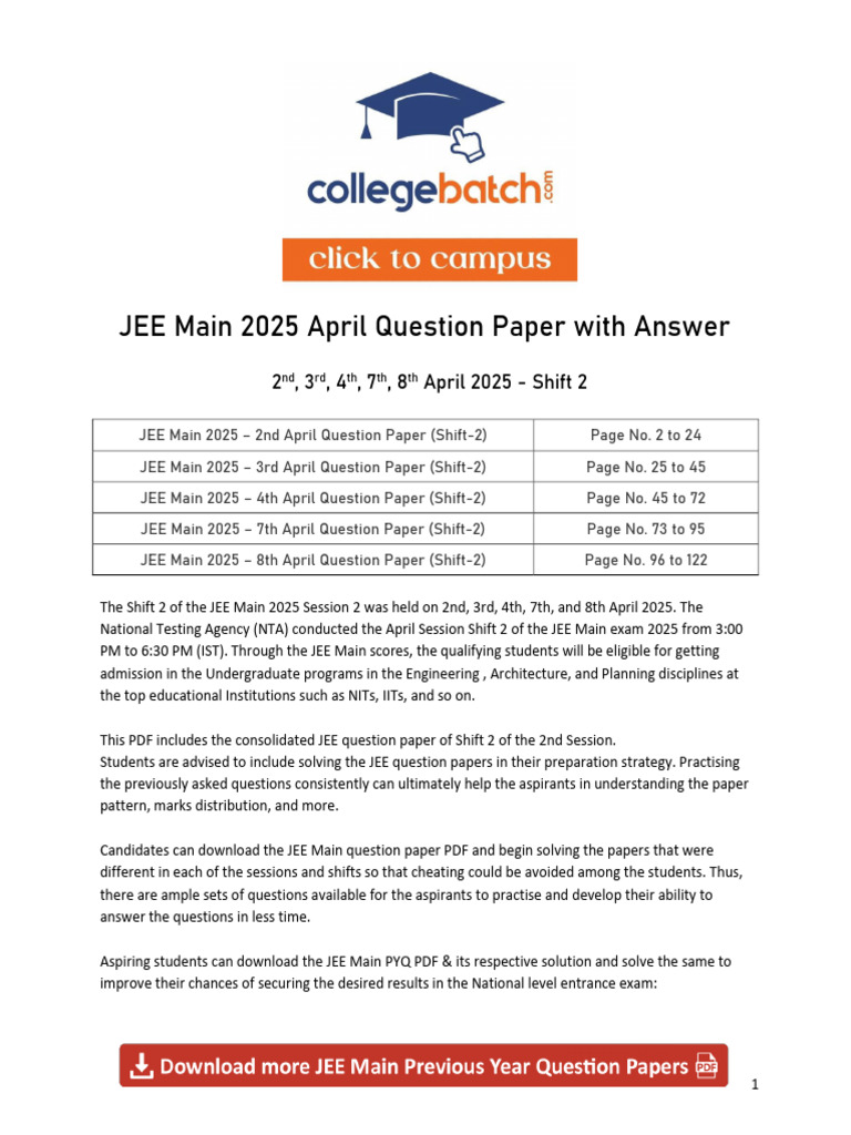 JEE Main 2025 Question Paper With Answer Key April Shift 2 | PDF ...