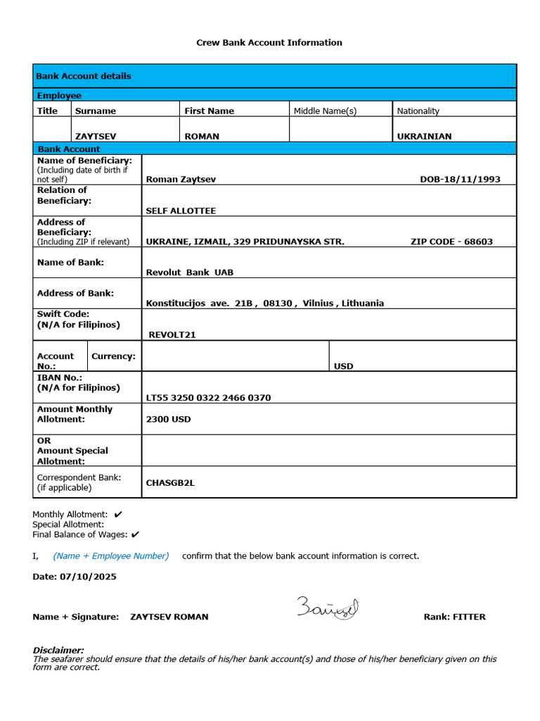 Bank Account Form | PDF