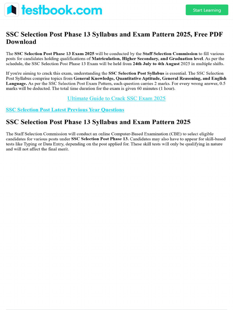 SSC Selection Post Phase 13 Syllabus and Exam Pattern 2025, Free PDF ...