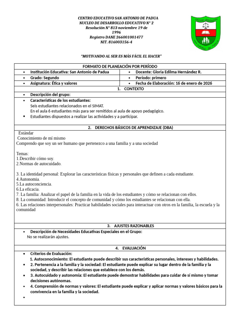 Plan de Aula Etica y Valores 2.026 | PDF | Salón de clases | Aprendizaje