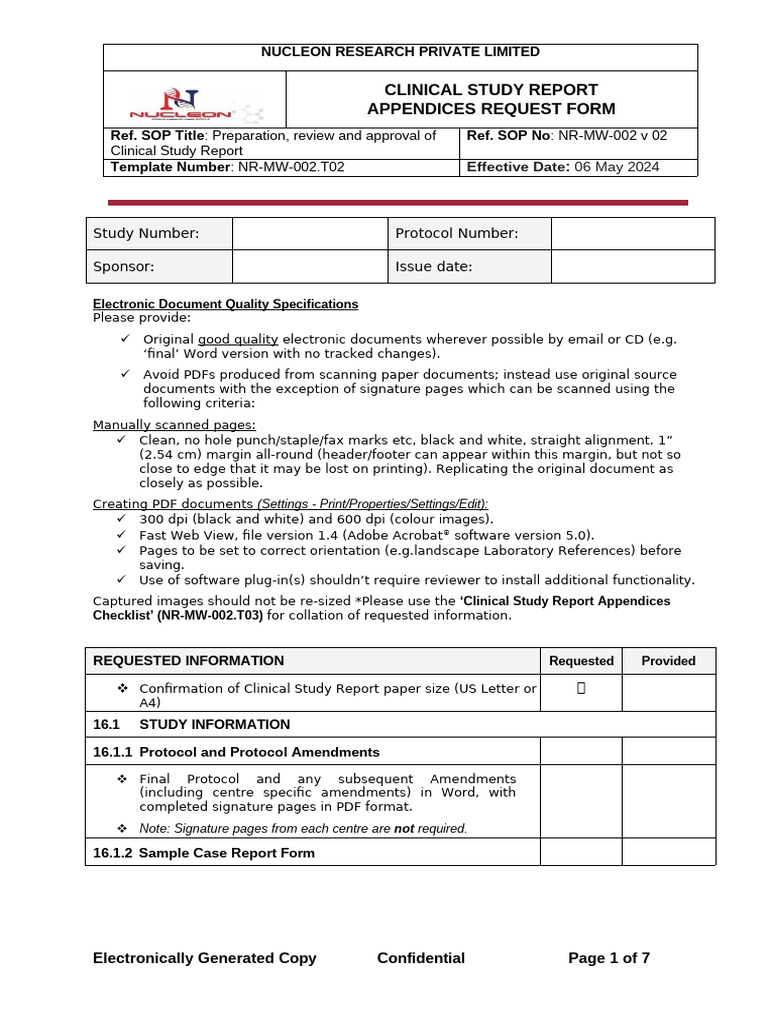 NR-MW-002.T02 - CSR Appendices Request Form | PDF | Clinical Trial