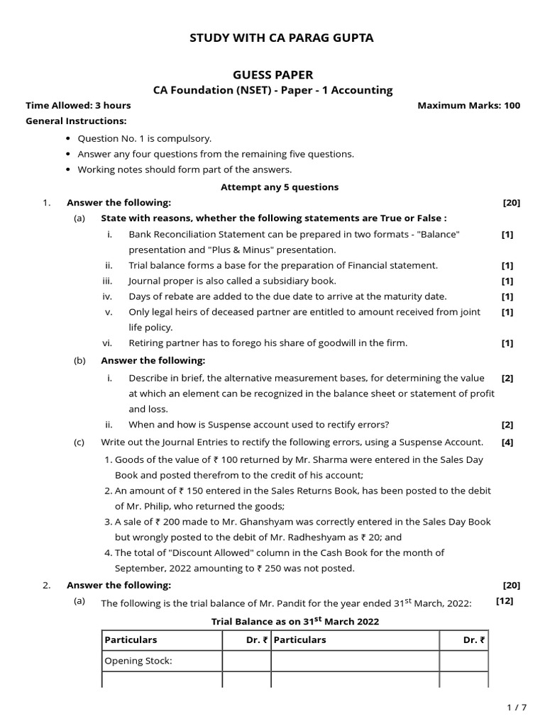 CA F Acc Practice Paper | PDF | Cheque | Expense