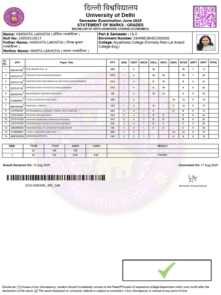 University of Delhi: Semester Examination June 2025 Statement of Marks ...
