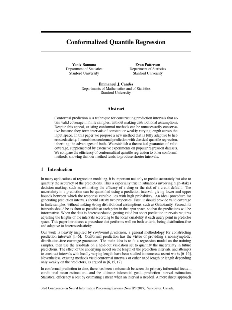 NeurIPS 2019 Conformalized Quantile Regression Paper | PDF | Regression ...
